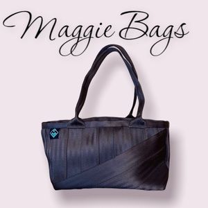 Maggie Bags Brown Seatbelt Purse Handbag 14” x 7” x 6” Gold Metal Feet EUC‼️